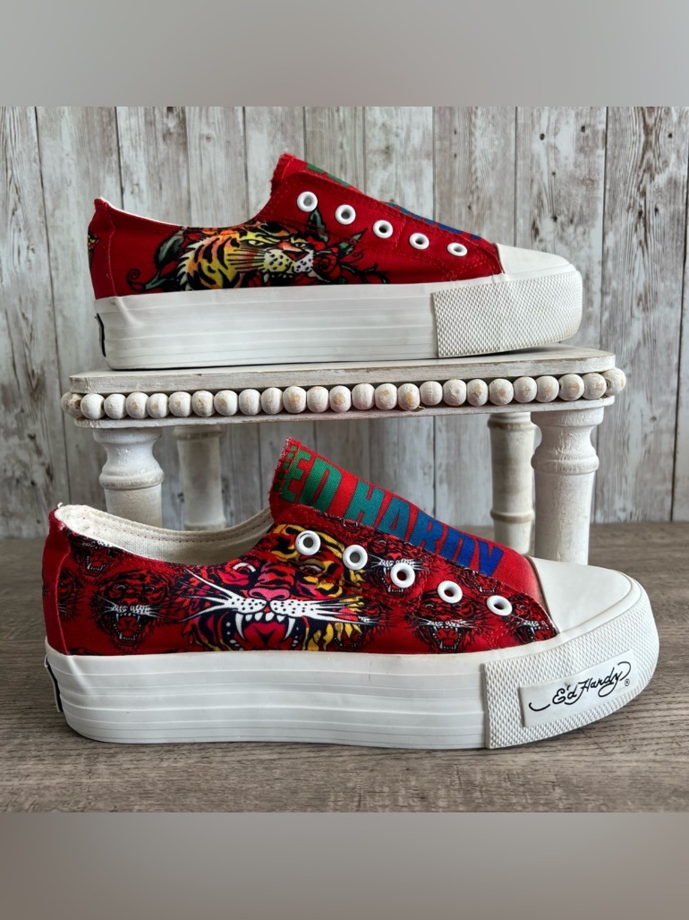 Ed Hardy Popy Red Canvas Tiger Platform Slip-Ons Sneakers Womens Size 7.5